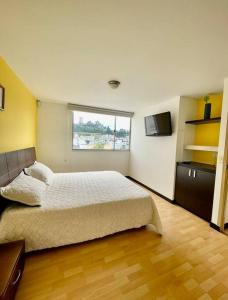 马尼萨莱斯Exclusivo Apartamento en Av. Santander的一间卧室设有一张大床和一个窗户。