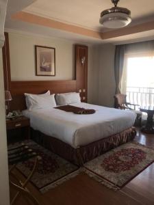 亚的斯亚贝巴Emmad Furnished Hotel的一间卧室设有一张大床和一个窗户。