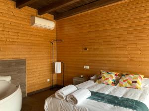 MazaricosA Quinta de Bouzas的一间卧室配有一张带浴缸和浴缸的床。