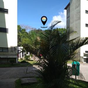 伯迪亚哥Bate & Volta - Apartamentos com 2 quartos próximo ao SESC Bertioga的一只风筝飞过棕榈树的天空