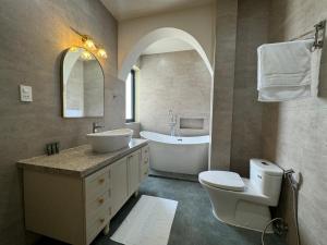 Phú MỹAn Nhiên Villa Hotel的浴室配有盥洗盆、卫生间和浴缸。