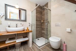 普利特维采湖B&B Villa Sumrak Plitvica Rooms的浴室配有盥洗盆、卫生间和淋浴。