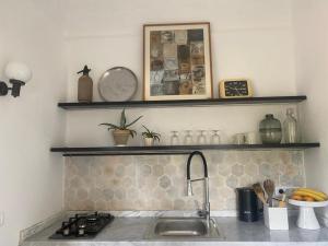 西迪·布·赛义德Lella Zohra, Studio avec Piscine à Sidi Bou Said的厨房设有水槽和墙上的架子