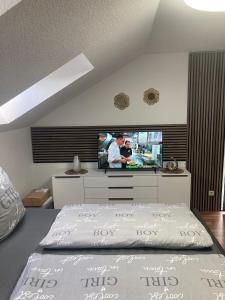 耶拿Home- Alt-Winzerla的卧室配有一张床,墙上配有电视。