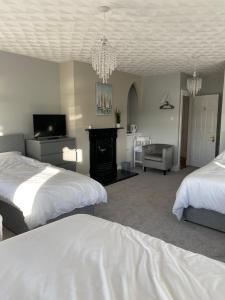 科尔雷恩New Lisnagalt Lodge的一间卧室设有两张床、一台电视和一个壁炉