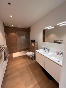 洛克里斯蒂ApartHotel Dénia的一间带水槽、卫生间和淋浴的浴室