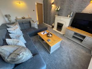 Lincolnshirelodge in the heart of Bourne的客厅配有蓝色的沙发和电视