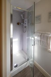 波马利斯城堡庭院旅馆的浴室里设有玻璃门淋浴