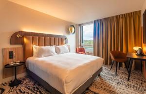 圣普列斯特DoubleTree by Hilton Lyon Eurexpo的配有一张床、一张书桌和一扇窗户的酒店客房
