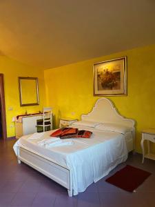 瓦雷多利亚Hotel La Ciaccia的卧室设有一张白色大床和黄色的墙壁