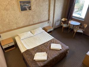 索非亚Hotel Brod - Free Parking的酒店客房带一张床、一张桌子和椅子