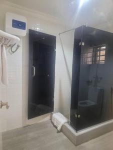 伊凯贾LUXOL HOMES&SUITES的浴室设有玻璃淋浴间和卫生间