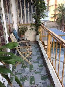 顺化玉平酒店的阳台的门廊配有椅子和植物