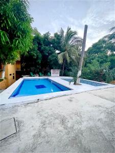 埃斯孔迪多港Hotel Posada Playa Manzanillo的一座树木繁茂的房屋前的游泳池
