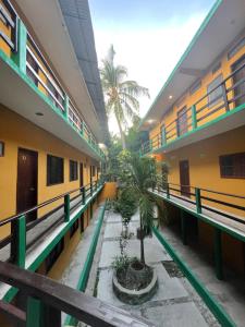 埃斯孔迪多港Hotel Posada Playa Manzanillo的中间有棕榈树的建筑走廊
