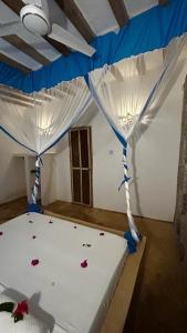 江比阿Stonefish Inn Jambiani的一间卧室配有一张蓝色和白色天蓬床