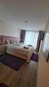 布拉索夫Penthouse Silver Mountain, Duplex 3 camere - 250 mp luxury garden - Poiana Brasov的一间卧室设有一张大床和一个大窗户