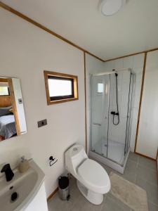 安东尼奥港Siempre Verde的带淋浴、卫生间和盥洗盆的浴室