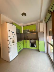巴克乌Apartament 3 camere的厨房配有绿色橱柜和白色冰箱