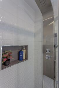 格拉纳达Céntrico apartamento Templo Quevedo Gran parking gratis的架子上植物的淋浴浴室