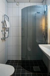 胡迪克斯瓦尔斯塔特优质酒店的带淋浴、卫生间和盥洗盆的浴室