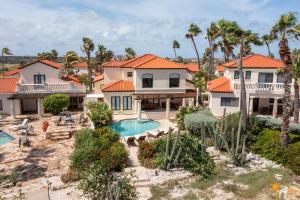 棕榈滩豪华海景太阳之地别墅的享有带游泳池和棕榈树的别墅的空中景致