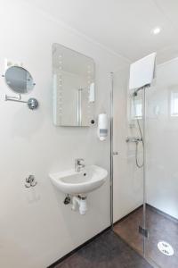 阿伦达尔Krøgeneslåven Microtel的白色的浴室设有水槽和淋浴。