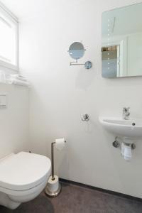阿伦达尔Krøgeneslåven Microtel的白色的浴室设有卫生间和水槽。