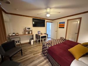 布鲁克林布鲁克林汽车旅馆的一间卧室配有一张床、一张书桌和一台电视