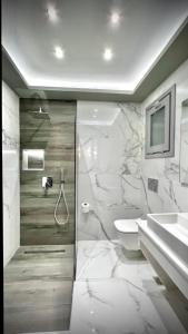 伊奥斯乔拉Ambiente Luxury Suites的带淋浴、卫生间和盥洗盆的浴室