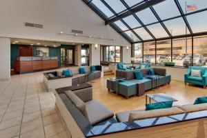 埃德蒙逊圣路易斯机场梨树酒店的大楼内一个带沙发和椅子的大堂
