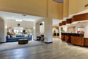 凤凰城凤凰城机场德鲁酒店的一个带蓝色沙发的大堂和一间客厅