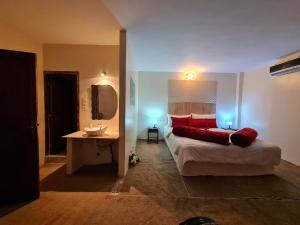 米德勒特Hôtel et Restaurant ARIJ的一间卧室配有一张带红色枕头和水槽的床