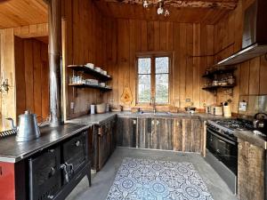 塞罗别墅卡斯蒂略Alto Castillo的一个带木墙和木台面的大厨房