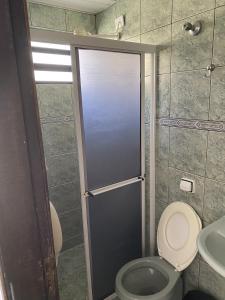 马蒂尼奥斯Pousada Volare的一间带卫生间和淋浴的浴室位于后门。