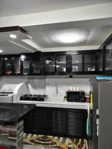 Mini Home Traveller’s Inn的厨房配有黑色橱柜、水槽和冰箱。