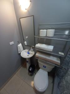 科马亚瓜Palmerola Inn的一间带卫生间、水槽和镜子的浴室
