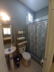 科马亚瓜Palmerola Inn的浴室配有卫生间、盥洗盆和淋浴。