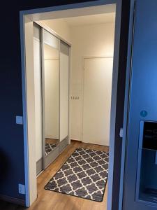 瓦萨Apartment Malmö的一条带镜子和地毯的空走廊