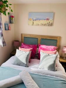 塔特舍尔The Wardens Escape - Tattershall Lakes Country Park的一间卧室配有带粉红色和蓝色枕头的床