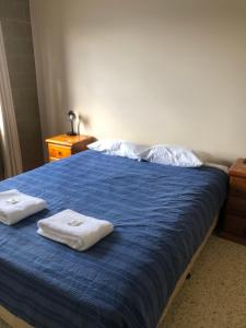 Emu ParkUnit 5 Pattison的一间卧室配有蓝色的床和毛巾