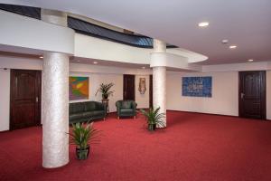 帕兰加陶拉斯中心酒店的大堂铺有红地毯,配有椅子和柱子