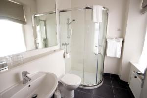 布瑞玛特洛酒店的带淋浴、卫生间和盥洗盆的浴室