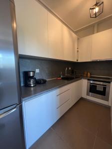 Áyios SpirídhonEVa's Luxury Apartments No 2的厨房配有白色橱柜和冰箱。
