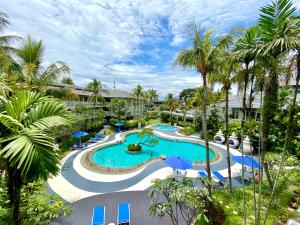 万隆万隆喜来登酒店的棕榈树度假村泳池的空中景致