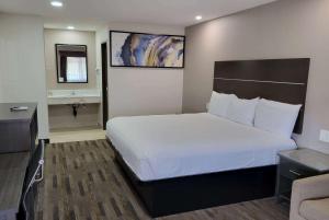 博伟公园普安那公园温德姆旅程住宿汽车旅馆的一间卧室配有一张大床和一张书桌