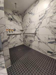 布法罗Eva Hotel Buffalo Airport, BW Signature Collection的一间设有白色大理石墙壁和淋浴的浴室