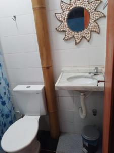 拉戈伊尼亚EDEN Pousada的一间带卫生间、水槽和镜子的浴室