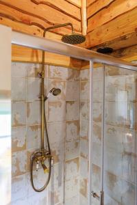 RusheenyPatsys Cottage 415的带淋浴的浴室(带木制天花板)