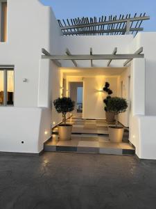 莫诺利索斯Aegean Diamonds Luxury Suites的白色建筑中带有陶树的走廊